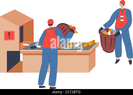Workers of recycling factory or facility sorting garbage and litter from bags, reducing or trash and bulky items. Environmental pollution problem solution, sustainable process. Vector in flat style. People sorting garbage in recycling factory vector Stock Vector