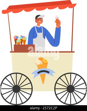 Stand or kiosk with tasty gelato, isolated seller wearing apron selling ice cream. Summer snack and confectionery, different flavors in shop. Vendor with assortment variety. Vector in flat style. Ice cream seller, kiosks or stand with gelato Stock Vector