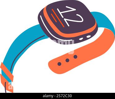 Smart gadgets help with exercise and body healthy. Isolated sports watch showing dates and time, calories and cardiac pulse. Electronic device for sportsmen, sportswear. Vector in flat style. Modern sportive watch, smart gadget device vector Stock Vector