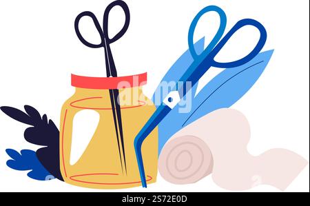 Healthcare and operations in clinics, equipment and instruments for surgical procedure. Sharp scissors and bandage, emergency and saving life. Treating illness or diseases. Vector in flat style. Surgical scissors and bandage, operation vector Stock Vector