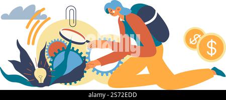 Female character worker with magnifying glass researching new innovative idea. Implementing strategies into organization, brainstorming and improvement of enterprise. Thinking and finance, vector. Woman investigating creative idea business concept Stock Vector