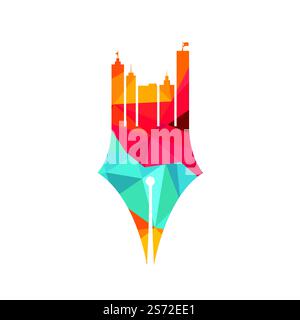 Creative concept with pen and city skyline logo design. Commercial buildings construction symbol. Stock Vector