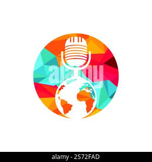 Global podcast logo design. Broadcast entertainment business logo template vector illustration. Stock Vector