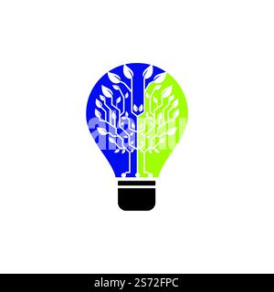 Tech tree vector logo design template. Connecting network tree with lightbulb icon logo. Stock Vector
