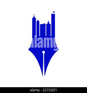 Creative concept with pen and city skyline logo design. Commercial buildings construction symbol. Stock Vector