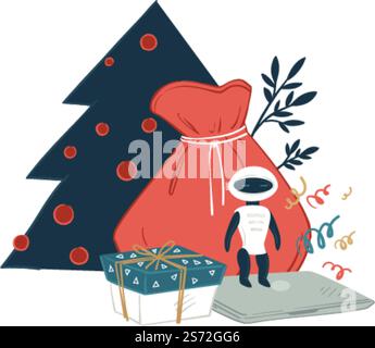 Xmas and new year holiday celebration, isolated Christmas tree with baubles and decor, sack with presents from Santa Claus. Robot game and box with ribbon bow. Winter fun, vector in flat style. Christmas toys and presents, new year holiday Stock Vector