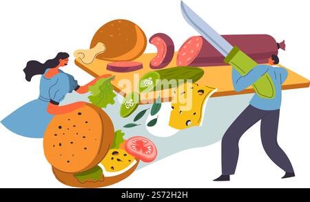 People make sandwiches from sausage and vegetables, simple appetizers or snacks. Bun with seeds, meat, cucumber and cheese slice. Food and dieting, nutrition and preparation. Vector in flat style. Making sandwich from vegetables and sausage vector Stock Vector