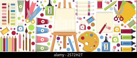 Tools for painting for drawing hobby, isolated easel with color palettes, markers or pencils, watercolor or acrylic pigments or oils. Crafts and handmade accessories, design and art. Vector in flat. Painting hobby, easel and pigments, pencils tools Stock Vector