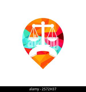 Law call vector logo design template. Handset and balance with pin point icon design. Stock Vector