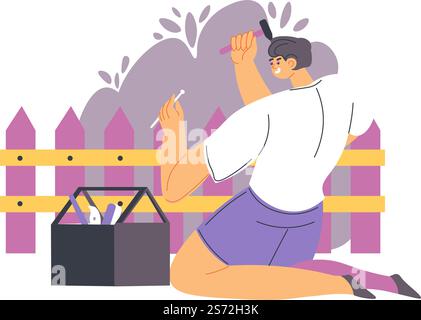 Handyman working on fixing wooden fence, male character with instruments and tool kit box for mending and repairing broken parts. Worker on construction site, do it yourself. Vector in flat style. Man fixing wooden fence with tools, handyman job Stock Vector