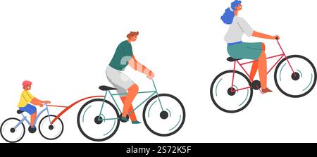 Family vacation or rest, parents and children riding bicycles. Mother and father with kid, outdoor recreation and relaxation. Man and woman cycling teaching kid. Cyclists, vector in flat style. Mother and father with boy kid riding bicycles Stock Vector