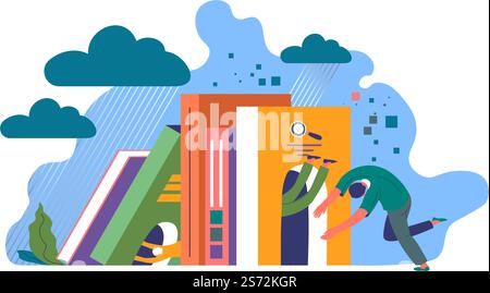 Development of skill and self education, improvement and obtaining knowledge. Man with books and textbooks with information, success and achievement of results. Smart person, vector in flat style. Self education improvement, development of skill Stock Vector