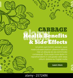 Health benefits and side effects of consuming cabbage. Vegan and vegetarian menu, composition with text and green plant leaves. Website or web shop or blog, landing page template, vector in flat. Cabbage health and benefits side effects vector Stock Vector
