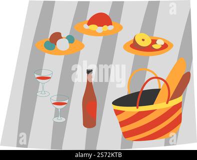 Food and drinks on picnic, blanket with dishes and fruits, vegetables and basket with baguette. Wine bottle with glasses and alcoholic beverage. Summertime vacation and relax. Vector in flat style. Picnic breakfast or lunch, food and drinks vector Stock Vector