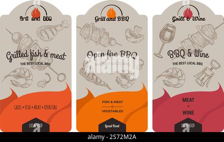 Wine alcoholic beverage and grilled fish and meat, barbeque pork in cafe or restaurant. BBQ in bar, labels with local food, advertisement of diners. Banners with sketches, vector in flat style. Grilled fish and meat, open fire BBQ, wine drinks Stock Vector