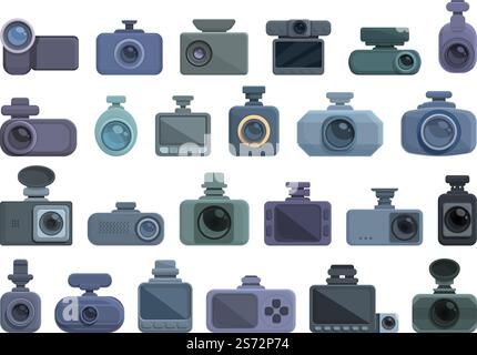 Video recorder icons set cartoon vector. Car camera. Digital dvr. Video recorder icons set cartoon vector. Car camera Stock Vector
