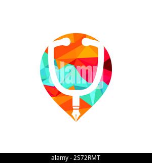 Medical education vector logo design. Pen nib and stethoscope with pin point vector icon design. Stock Vector