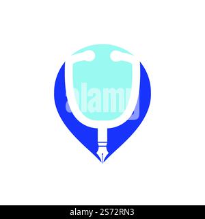 Medical education vector logo design. Pen nib and stethoscope with pin point vector icon design. Stock Vector