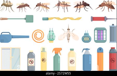 Mosquito protective icons set cartoon vector. Aerosol bite. Repellent insect. Mosquito protective icons set cartoon vector. Aerosol bite Stock Vector