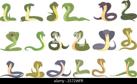 King cobra icons set cartoon vector. Snake animal. Head agression. King cobra icons set cartoon vector. Snake animal Stock Vector