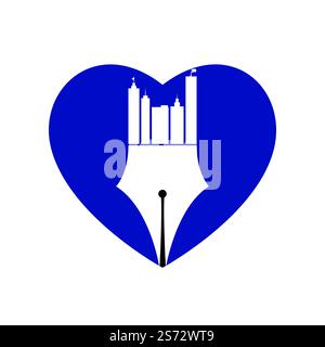 Creative concept with pen and city skyline logo design. Commercial buildings construction symbol. Stock Vector