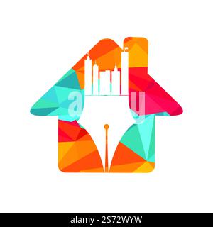 Creative concept with pen and city skyline logo design. Commercial buildings construction symbol. Stock Vector