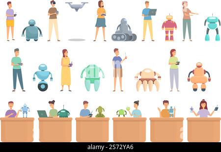 Robotics kids education icons set cartoon vector. Robot program. Engineer making. Robotics kids education icons set cartoon vector. Robot program Stock Vector