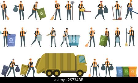 Man street cleaner icons set cartoon vector. Mask collector. Urban garbage. Man street cleaner icons set cartoon vector. Mask collector Stock Vector
