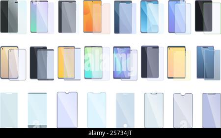 Protective glass for smartphone icons set cartoon vector. Glass crack. Screen mirror. Protective glass for smartphone icons set cartoon vector. Glass crack Stock Vector