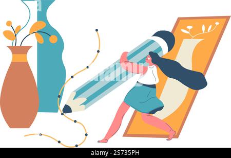 Artist project and 3d design, female character drawing with pencil. Woman producing illustration, interior objects. Vase with flowers, symmetric shapes and right geometry. Vector in flat style. Woman drawing with pencil, 3d design art vector Stock Vector