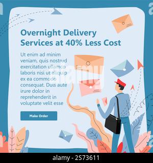 delivery services overnight, fast and quick shipping of ordered goods or mail. Courier with letters, postman giving messages on paper. Website internet landing page template, vector in flat style. Overnight delivery services almost half less cost Stock Vector