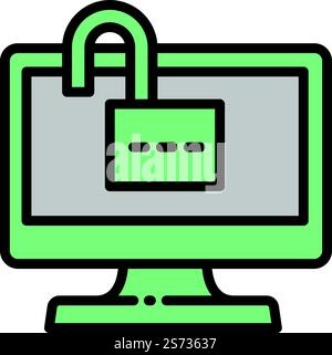 Unlock computer icon outline vector. Internet data. Risk protect. Unlock computer icon outline vector. Internet data Stock Vector