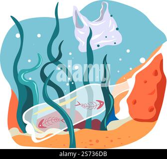 Pollution and contamination of water with plastic garbage and litter. Bag and bottle on bottom of ocean or sea. Nature problems, ecosystem and decay of marine dwellers and fauna. Vector in flat style. Water pollution and contamination of ocean mass Stock Vector
