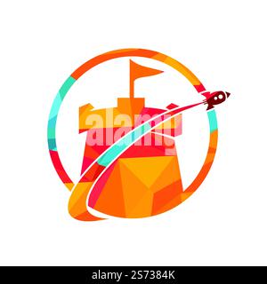 Vector castle and rocket logo combination. Tower and airplane symbol or icon. Unique fortress and flight logotype design template. Stock Vector