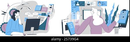Woman at workplace sending and receiving mail, reading correspondence of boss. Secretary at work, female completing business project. Organization of workload and process. Vector in flat style. Office workers, secretaries sending mail, manage Stock Vector