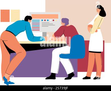 Business meeting, corporate and employees discussing project details. Businesswoman showing presentation with visual data and analysis. Corporate working on achievement of goals. Vector in flat style. Team working on business project on laptop pc Stock Vector