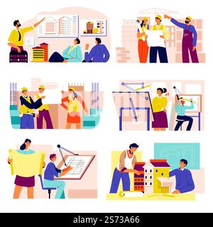 People working as architects meeting to discuss plan of house. Engineers wearing helmets on construction site, managing projects and showing designs to customers. Developers and contractors, vector. Architects on meeting and construction site set Stock Vector