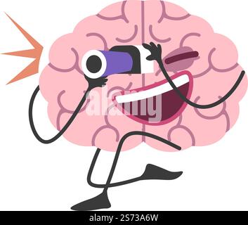 Brain character curious mind looking for answers. Isolated personage with binoculars looking in distance. Learning and development, getting knowledge base or wisdom. Vector in flat style illustration. Curious brain, mind character with binoculars Stock Vector