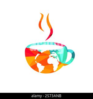 Creative Coffee cup with globe map vector logo design template. Stock Vector