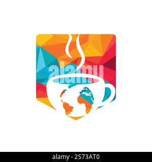 Creative Coffee cup with globe map vector logo design template. Stock Vector