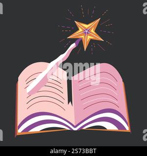 Witchcraft and sorcery, isolated spellbook with magic spells and enchantment. Textbook with wand, sorcery and witchery. Wiccan and occult practice, education and knowledge. Vector in flat style. Book with spells, magic wand and textbook vector Stock Vector
