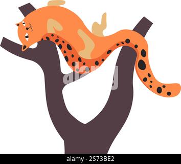 Leopard or cheetah animal, isolated feline mammal with spots on skin. Carnivore predator sitting or laying on tree branch in park or natural habitat. Mammal endangered species. Vector in flat style. Cheetah animal on tree branch, feline animals Stock Vector