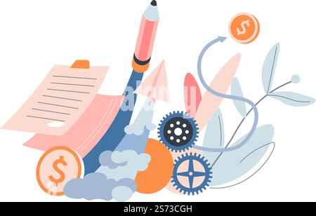 Business development and implementation of creative ideas, startup and successful projects. Documents and papers, money and finance economics. Gears and decorative foliage, vector in flat style. Startup and business development, money and gear Stock Vector