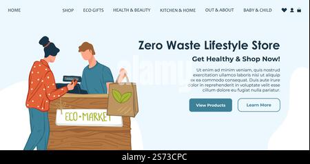 Eco market and zero waste lifestyle store. Go healthy and ecologically awareness. Maret with bags for multiple usages. Website page, internet site, landing page template. Vector in flat style. Zero waste lifestyle store, eco market shop web Stock Vector