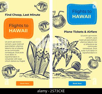 Book your summer vacation, last minute plane tickets. Flights to hawaii, cheap and easy trip. Seaside and beach relaxation holiday. Website internet landing page template, vector in flat style. Flights to Hawaii, plane tickets last minute web Stock Vector