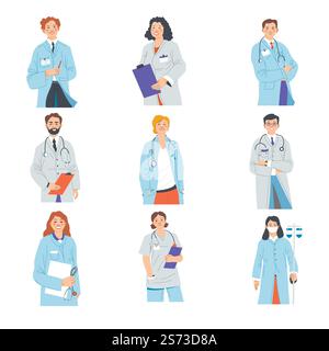 Therapists or physicians with stethoscopes and notepads taking notes in clinics or hospitals. Isolated professional nurse or cardiologist treating patients from diseases. Vector in flat style. Doctors wearing coats, taking notes on notebook Stock Vector