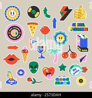 Thumb up and pizza slice, lollipop and cherries, palm tree and glass, ice cream dessert and star. Isolated set of stickers for social media and communication in internet. Vector in flat style. Stickers and icons for social media and chatting Stock Vector