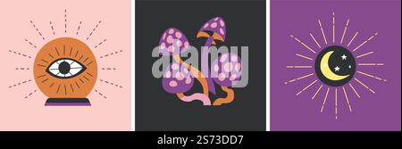 Alchemy and witchcraft, sorcery and wizardry. Magic cards with bulb for predictions and seeing future, poisonous mushrooms and sun and moon eclipse. Mysticism and spirits. Vector in flat style. Magic cards, wiccan and occultism practice vector Stock Vector