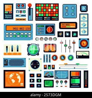 Equipment and devices, interface of panels, buttons and numbers. Radio set or gadgets retro and vintage. Ancient calculator, configuration and balance control. Vector in flat style illustration. Panels and devices interface, buttons radio set Stock Vector