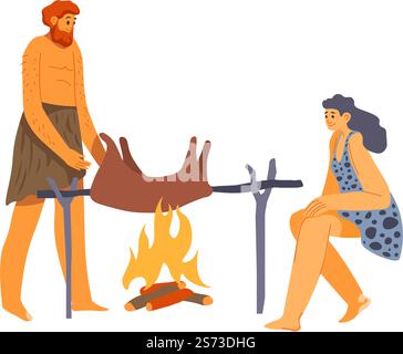 Neanderthals cooking animal on fire, man and woman primitive culture of hunters surviving in wilderness. Male and female characters, cavemen or barbarians making dinner. Vector in flat style. Ancient people cooking meal on bonfire vector Stock Vector